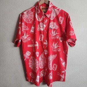 Dixxon Shirt Mens Large Red Party Boy Tattoo Print Button Front Short Sleeve